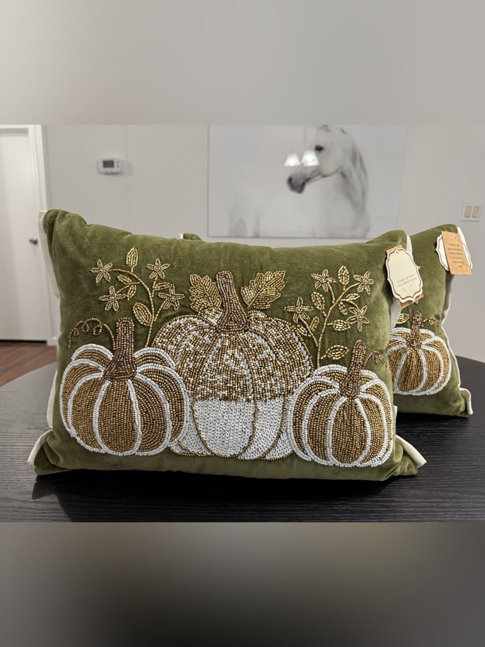 2- Bella Lux Beaded pumpkin lumbar pillow olive green Thanksgiving decor